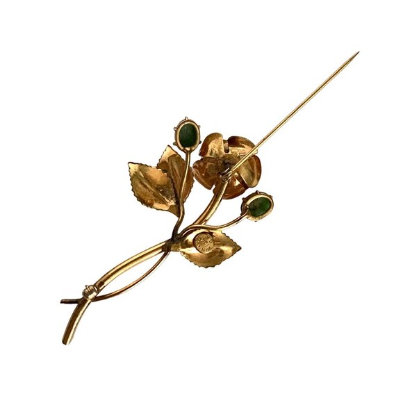 1940s Winard 12K GF Rose Flower Green Glass Stones Brooch Gold Tone 2.5in - Picture 11 of 13